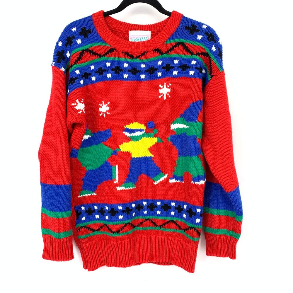 Vintage 80s Crewneck Holiday Winter Theme Sweater Womens Sz Small Red Blue Green